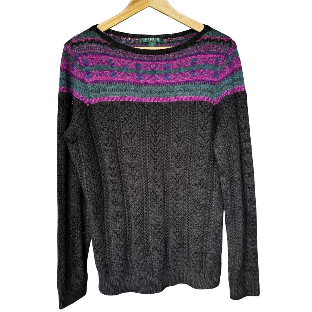 Lauren Ralph Lauren Women Pullover Sweater XL Purple Green Fair Isle Scandi Cozy